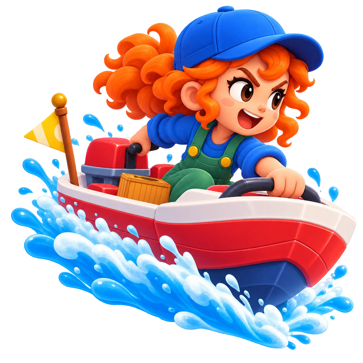 Curly-haired girl sailing a red and white boat over bright ocean waves