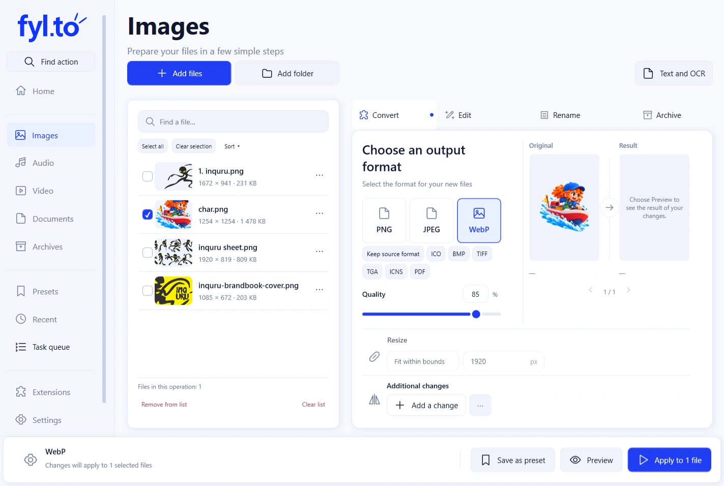 Fylto Images interface with file list, format selection, and original/result preview